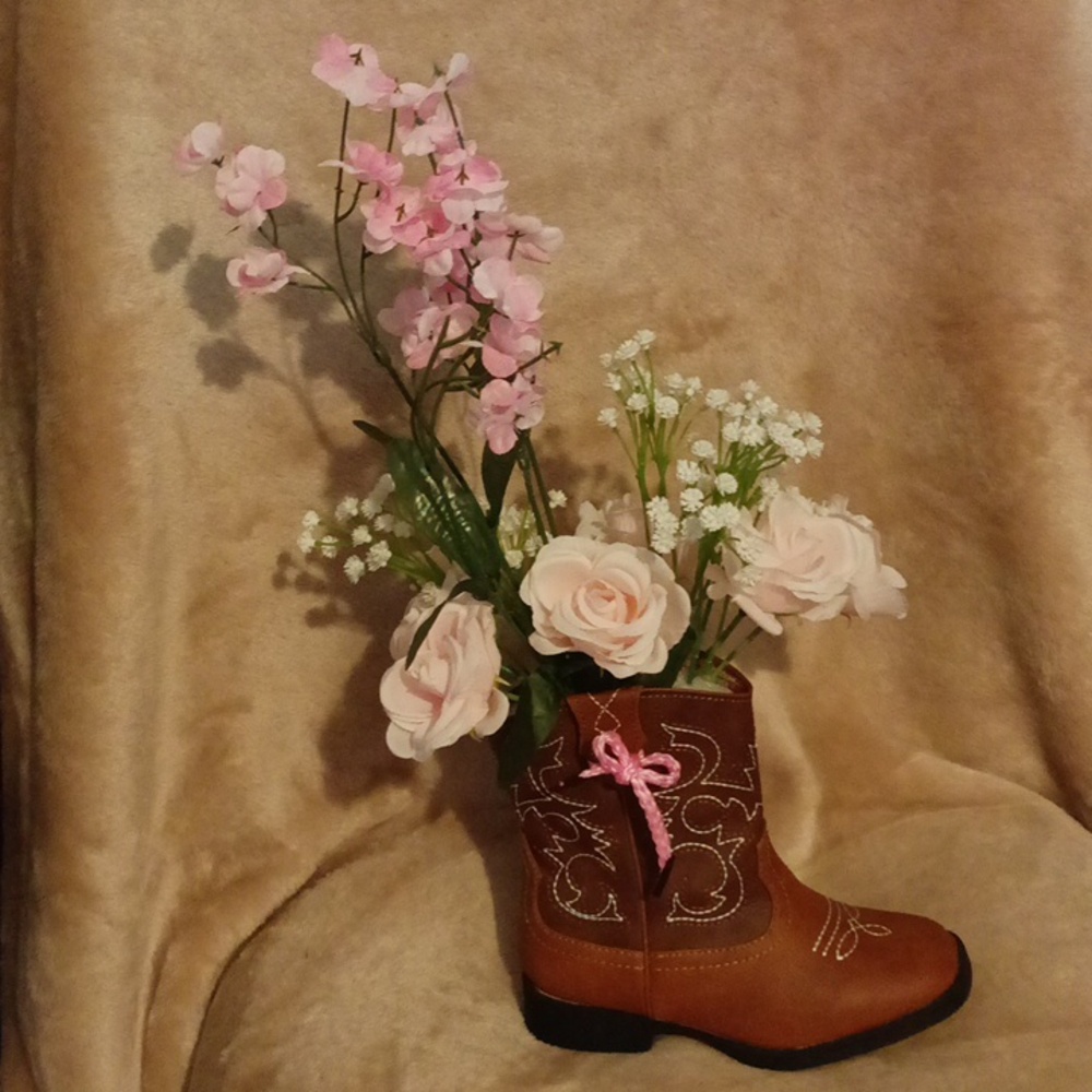 Country Boot with Pink Flowers Decoration